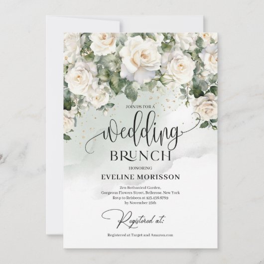 Boheemse witte rozen eucalyptus bruiloft brunch kaart (Voorkant)