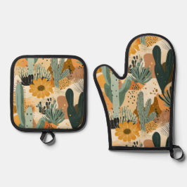 Boheemse woestijncactus en bloemenpatroon ovenwant & pannenlap set