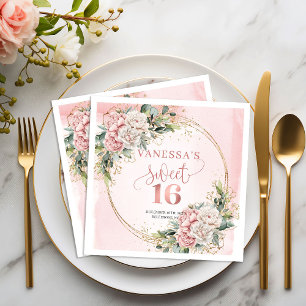 Boheemstof roze bloemmotief Sweet 16 servetten