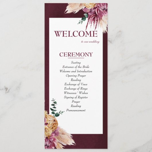 Bohème Automne Bourgogne Programme de Mariage Flor (Devant)