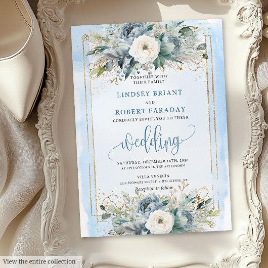 Bohème bleu poussiéreux fleurs blanches invitation