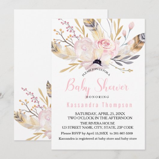 Bohème Floral & Plumes Baby shower Invitation (Devant / Derrière)