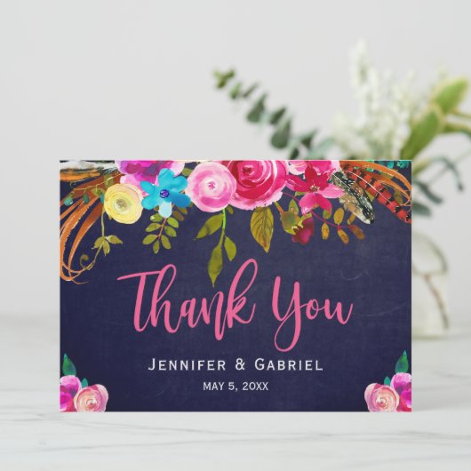 Bohème Floral rose marine Script Mariage Merci (Debout devant)