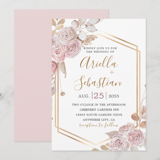 Bohème Floral, Rose Roses Gold Invitation (Devant / Derrière)