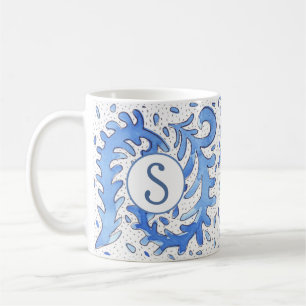 Bohème Monogramme Bleu & Blanc Mug Personnalisé