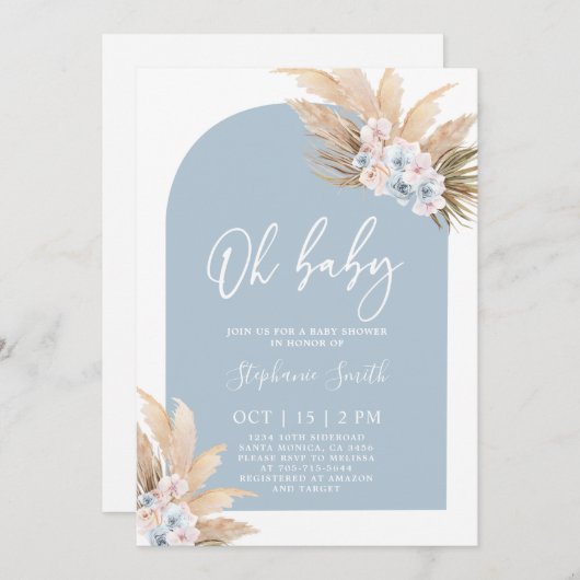 Bohême Pampas Baby shower en herbe Invitation garç (Devant / Derrière)