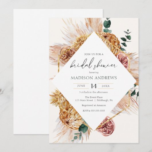 Bohême Pampas Grass nuptiale de douche Invitation (Devant / Derrière)