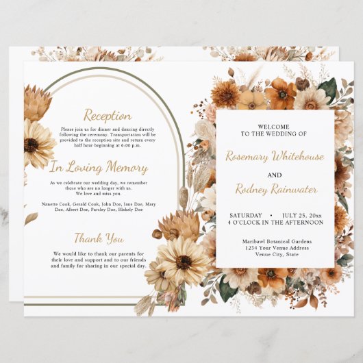 Bohème Rustique Automne Floral Wedding Programme (Devant / Derrière)
