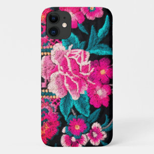 Bohemen borduurbloem zwart roze iPhone 11 hoesje