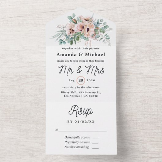 Bohemen Eucalyptus Pink Poppy Weddenschap All In One Uitnodiging (Binnen)