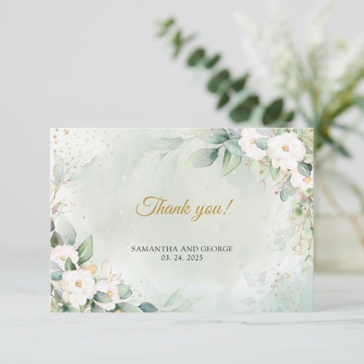 Bohemen witte rozen groene eucalyptusgoud lijst bedankkaart (Staand voorkant)