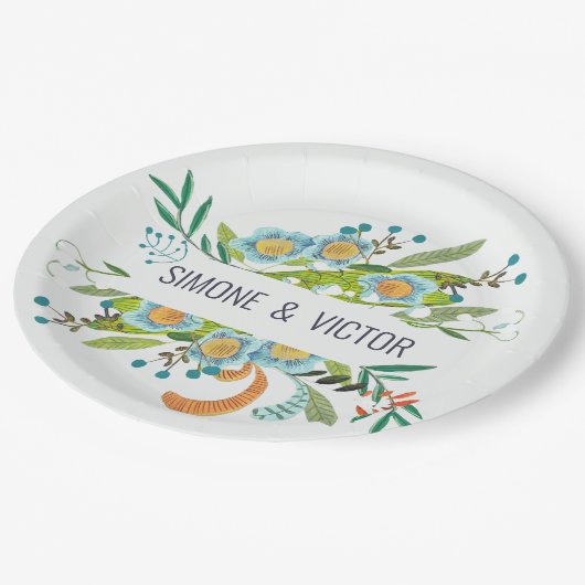 Bohemiaans botanisch groen en blauw Floral Papieren Bordje (Gekanteld)