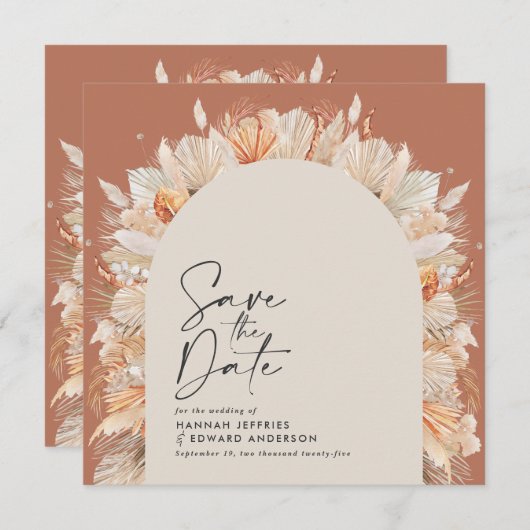 Bohemiaanse terracotta pampas gras styrelse trendy save the date (Voorkant / Achterkant)