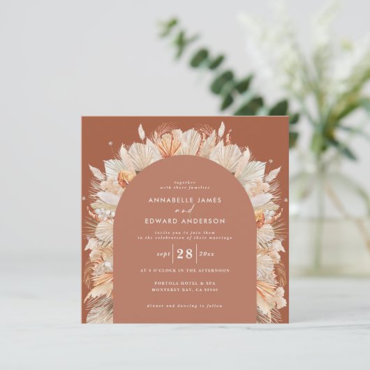 Bohemiaanse terracotta pampas, stijlvolle bruiloft save the date (Staand voorkant)
