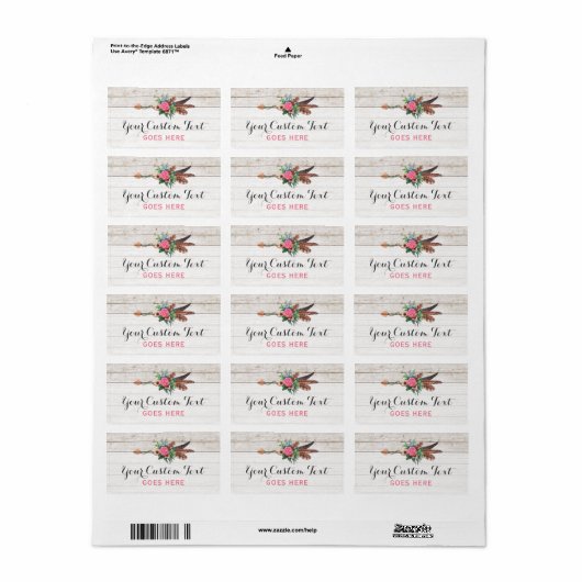 Bohemiaanse ventiel Arrow en Roos op Rustic White  Etiket (Full Sheet)