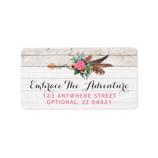 Bohemiaanse ventiel Arrow en Roos op Rustic White Etiket (Voorkant)