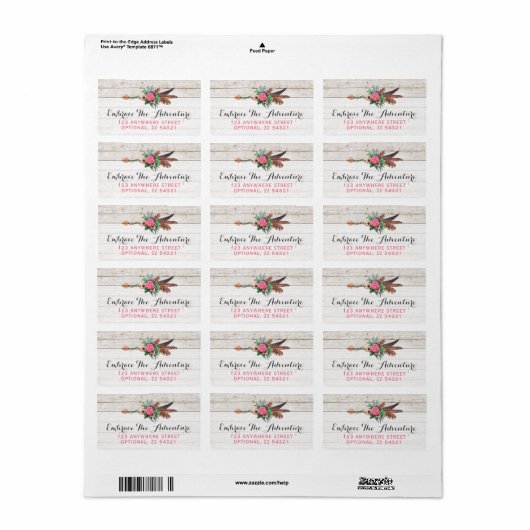 Bohemiaanse ventiel Arrow en Roos op Rustic White Etiket (Full Sheet)