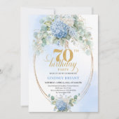 Bohemian 70th Birthday Blue Hydrangeas Gold Invite Kaart (Voorkant)