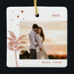 Bohemian Beach Palm Tree Photo Ornement en céramiq<br><div class="desc">Palmier de plage bohème et étoiles,  ornement photo de vacances en terre cuite orangée rustique.</div>