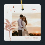 Bohemian Beach Palm Tree Photo Ornement en céramiq<br><div class="desc">Palmier de plage bohème et étoiles,  ornement photo de vacances en terre cuite orangée rustique.</div>