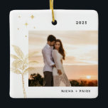 Bohemian Beach Palm Tree Photo Ornement en céramiq<br><div class="desc">Palmier de plage bohème et étoiles,  ornement photo de vacances en fausse feuille d'or et noir.</div>