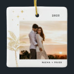 Bohemian Beach Palm Tree Photo Ornement en céramiq<br><div class="desc">Palmier de plage bohème et étoiles,  ornement photo de vacances en fausse feuille d'or et noir.</div>