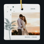 Bohemian Beach Palm Tree Photo Ornement en céramiq<br><div class="desc">Palmier de plage bohème et étoiles,  ornement photo de vacances en vert émeraude rustique.</div>