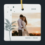 Bohemian Beach Palm Tree Photo Ornement en céramiq<br><div class="desc">Palmier de plage bohème et étoiles,  ornement photo de vacances en vert émeraude rustique.</div>