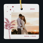 Bohemian Beach Palm Tree Photo Ornement en céramiq<br><div class="desc">Palmier de plage bohème et étoiles,  ornement photo de vacances en rouge festif.</div>