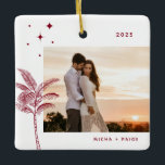 Bohemian Beach Palm Tree Photo Ornement en céramiq<br><div class="desc">Palmier de plage bohème et étoiles,  ornement photo de vacances en rouge festif.</div>