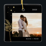 Bohemian Beach Palm Tree Photo Ornement en céramiq<br><div class="desc">Palmier de plage bohème et étoiles,  ornement photo de vacances en fausse feuille d'or et noir.</div>