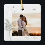 Bohemian Beach Palm Tree Photo Ornement en céramiq<br><div class="desc">Palmier de plage bohème et étoiles,  ornement photo de vacances en vert sage rustique.</div>