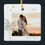 Bohemian Beach Palm Tree Photo Ornement en céramiq<br><div class="desc">Palmier de plage bohème et étoiles,  ornement photo de vacances en vert sage rustique.</div>