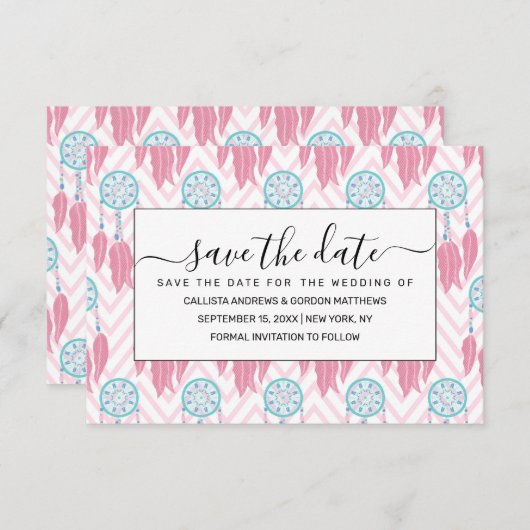Bohemian Blauwgroen Roze Beaded Drocatcher Chevron Save The Date (Voorkant / Achterkant)