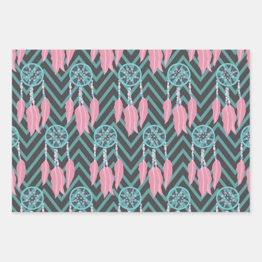 Bohemian Blauwgroen Roze Drocatcher Chevron Patter Inpakpapier Vel (Voorkant)