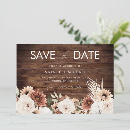 Bohemian Bloemen Rustiek Hout Bruiloft Save The Date (Staand voorkant)