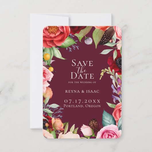 Bohemian Blooms Bordeaux sparen de datum Aankondiging (Voorkant)