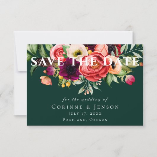 Bohemian Blooms Emerald Save the Date Aankondiging (Voorkant)