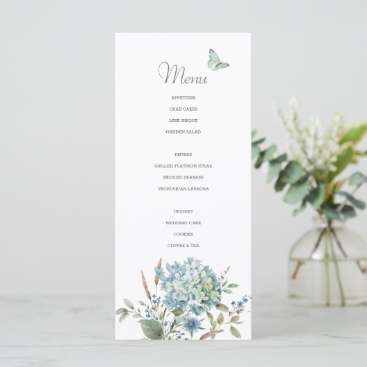 Bohemian Blue Botanische Waterverf Bruiloft Menu (Staand voorkant)