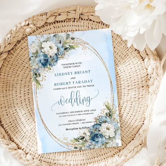Bohemian Blue Floral Gold Glitter Wedding Invite Kaart