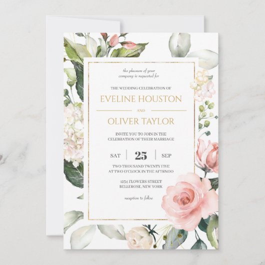 Bohemian blush roze bloemige rozen boho bruiloft kaart (Voorkant)