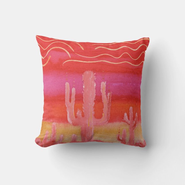 Bohemian BOHO Desert Saguaro Cactus Waterverf Kussen (Voorkant)