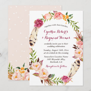 Bohemian Boho Floral Wreath Wedding Invitation Kaart