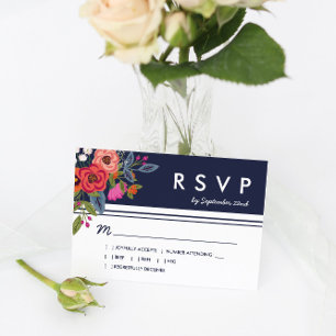 Bohemian Bouquet - Navy Blue & Coral Wedding RSVP Kaartje