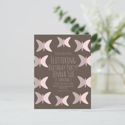 Bohemian Butterfly Pastel Pink Birthday Uitnodigin Briefkaart (Staand voorkant)