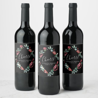 Bohemian Cheers Zwart Rood Rozen Bruiloft Wijn Lab Etiket