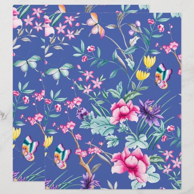 Bohemian Chic Floral Pattern Blue Scrapbook Paper (Voorkant / Achterkant)