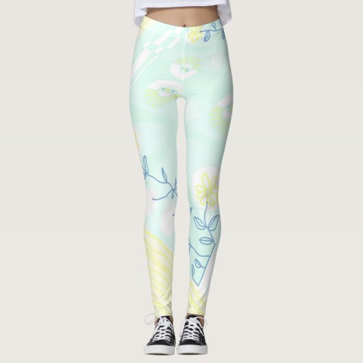 Bohemian Chintz Illustratie Aqua Lemon Blauwgroen Leggings (Voorkant)