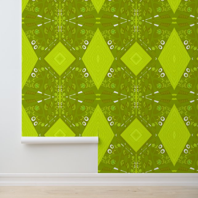 Bohemian Chintz Illustratie Groene Olijf Avocado Behang (Applicatie)