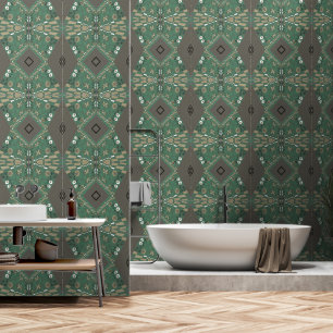 Bohemian Chintz Illustratie Groene Paddestoel Wit Behang